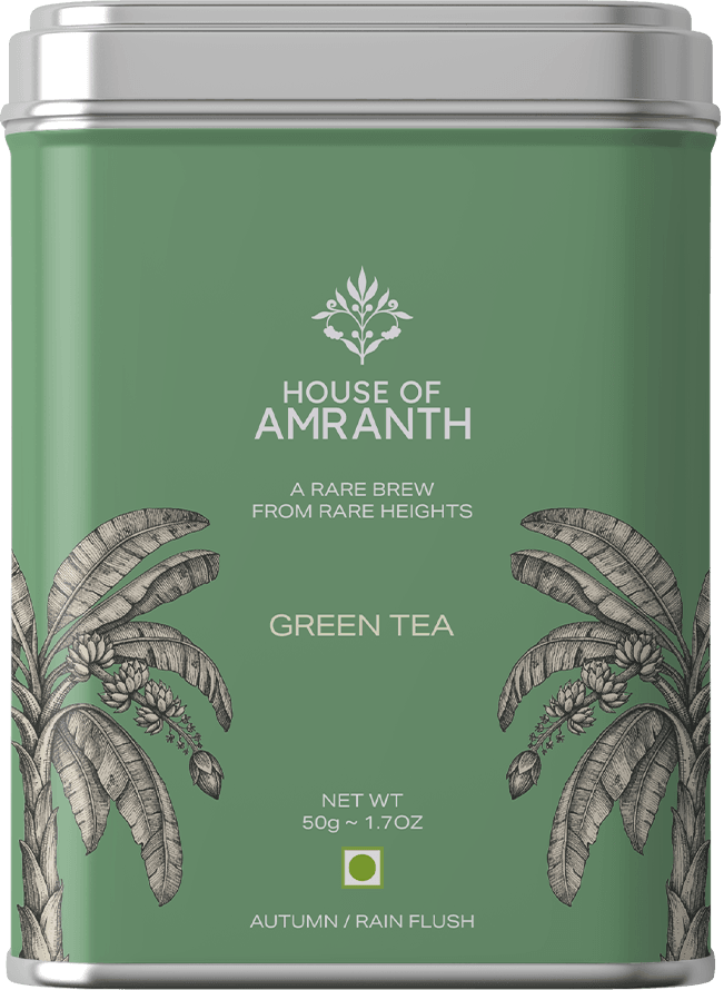 Darjeeling Green Tea loose-leaf tea in a House of Amranth metal caddy