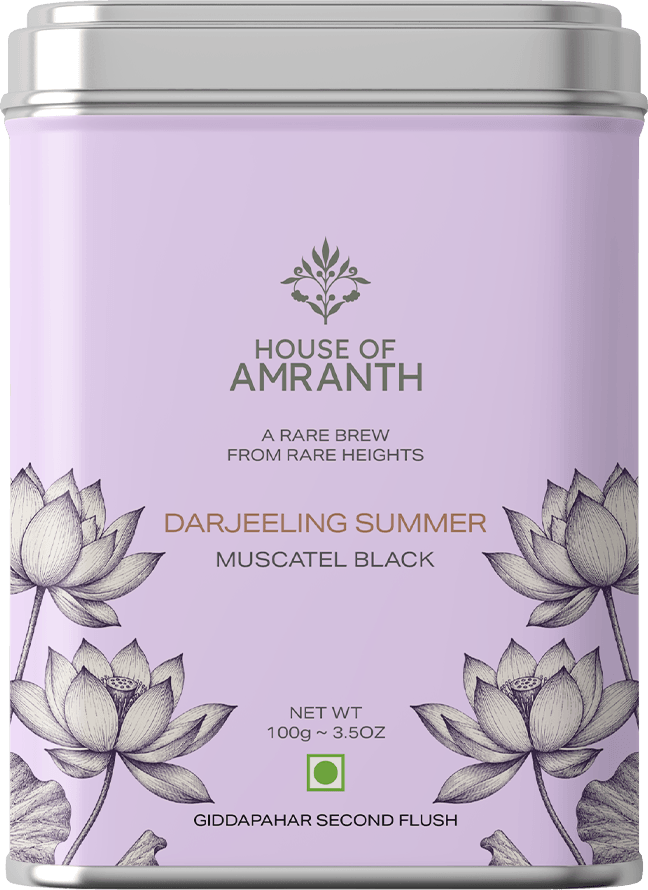 Summer Muscatel Black loose-leaf tea in a House of Amranth metal caddy