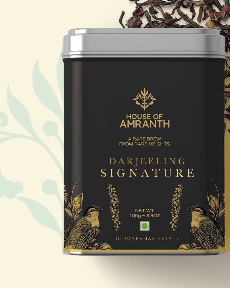 Darjeeling Signature loose-leaf tea in a House of Amranth metal caddy